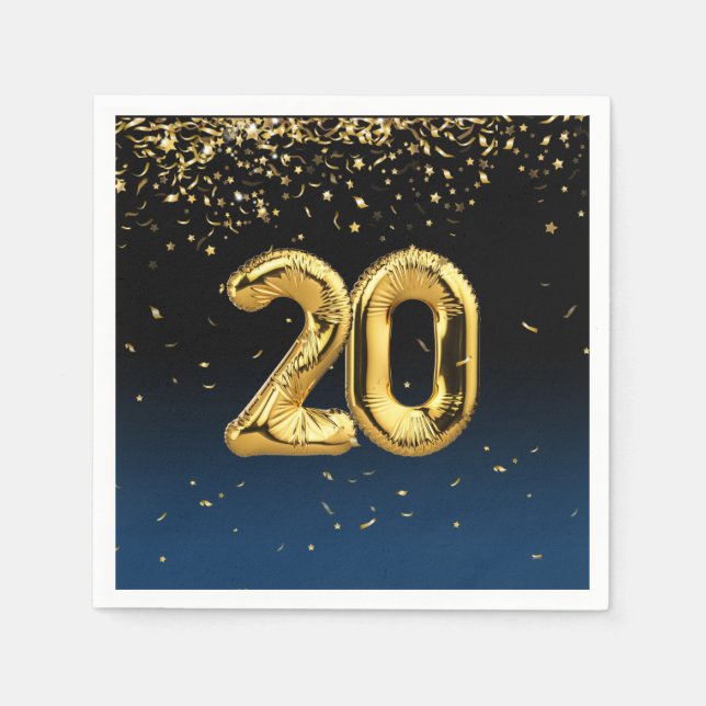 Guardanapo De Papel 20 Birthday Dourado Balões e Confetti Napkins (Frente)