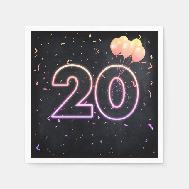 Guardanapo De Papel 20 Birthday Neon Sign on Black Napkins (Frente)