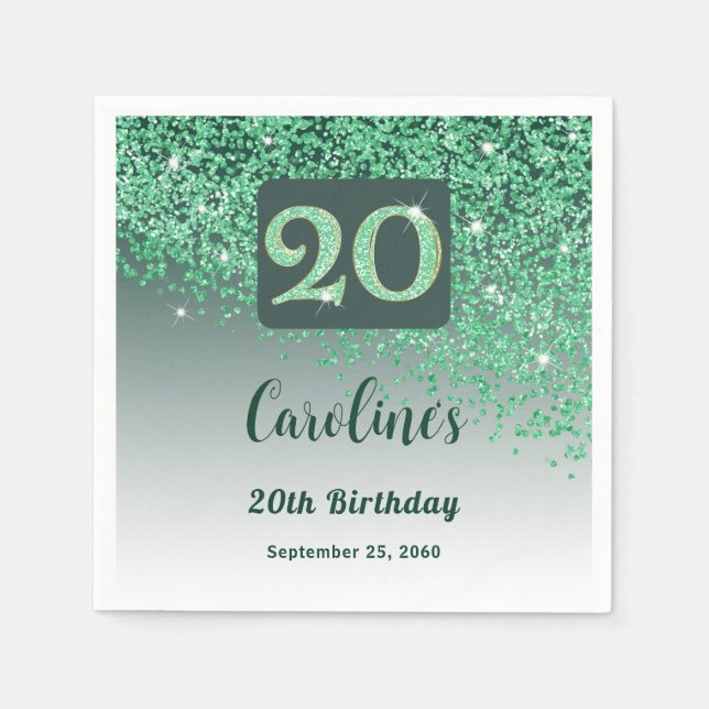 Guardanapo De Papel 20th Birthday Party Sparkling Green Glitter (Frente)