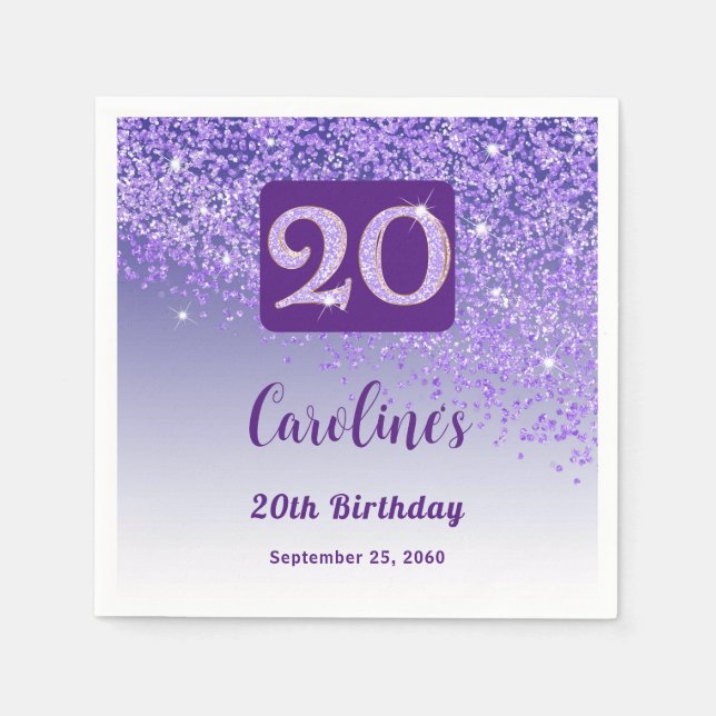 Guardanapo De Papel 20th Birthday Party Sparkling Purple Glitter (Frente)