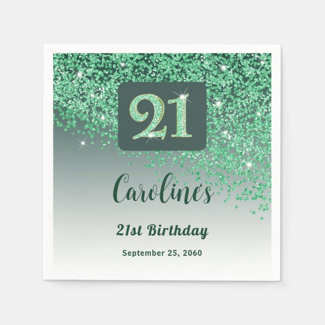 Guardanapo De Papel 21st Birthday Party Sparkling Green Glitter (Frente)