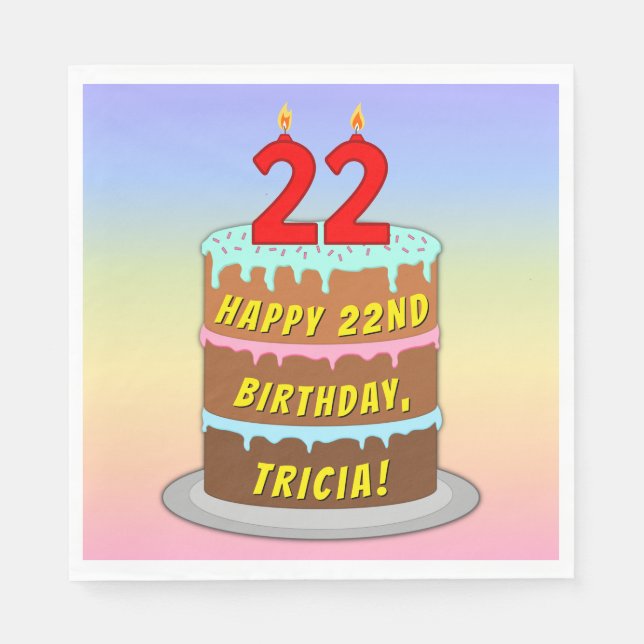 Guardanapo De Papel 22º Aniversário: Bolo e Velas Divertidas + Nome Pe (Frente)