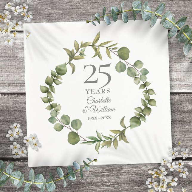 Guardanapo De Papel 25 Silver Casamento Aniversário Greenery Garland (25th Silver Wedding Anniversary Greenery Garland Napkins)