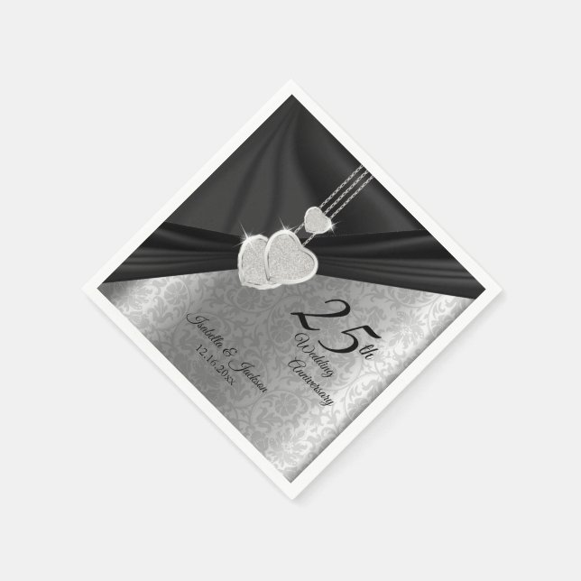 Guardanapo De Papel 25 Silver e Design do Aniversário do Casamento Neg (Canto)