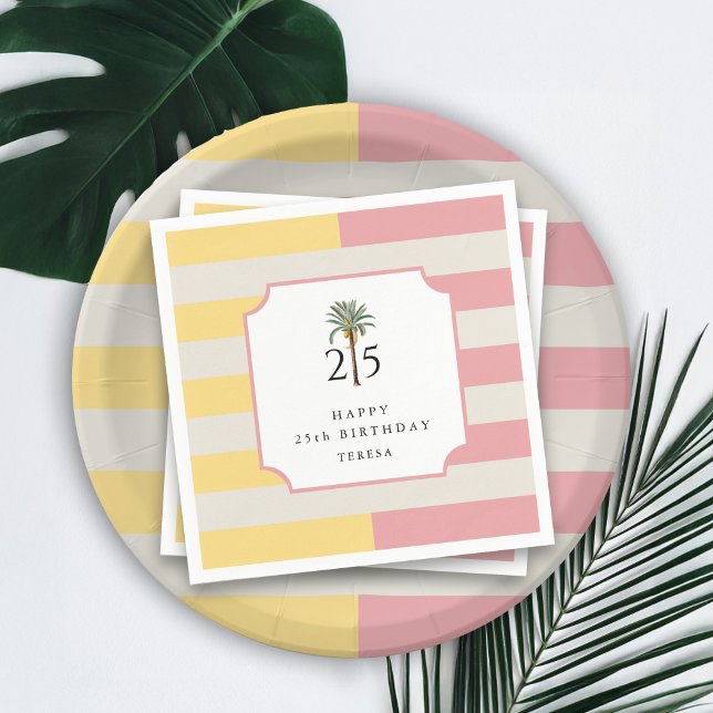 Guardanapo De Papel 25th Birthday Palm Beach Pastel Stripe Tropical (Criador carregado)