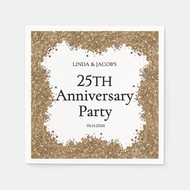 Guardanapo De Papel 25th Wedding Anniversary Gold Faux Glitter  (Frente)