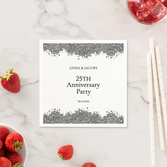 Guardanapo De Papel 25th Wedding Anniversary Silver Faux Glitter  (Insitu)