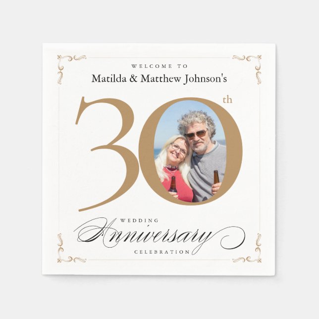 Guardanapo De Papel 30 Aniversário Clássico Branco da Caligrafia Doura (Frente)