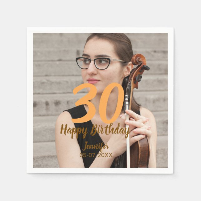 Guardanapo De Papel 30th birthday add name date year white photo (Frente)