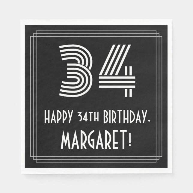 Guardanapo De Papel 34.º Aniversário: Art Deco Inspirou "34" + Nome (Frente)