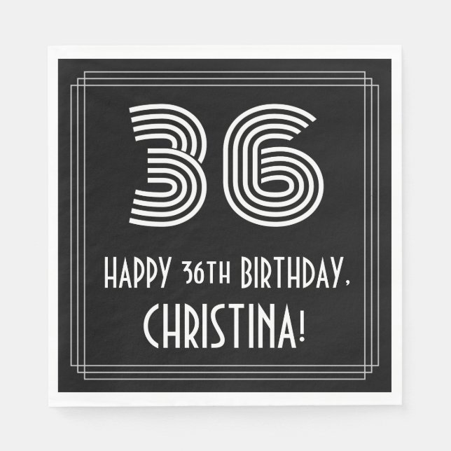 Guardanapo De Papel 36.º Aniversário: Art Deco Inspirou "36" + Nome (Frente)