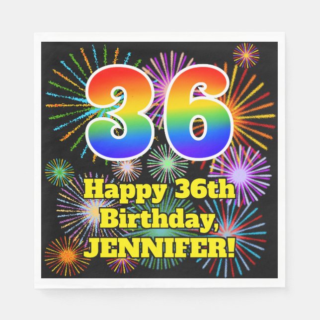 Guardanapo De Papel 36th Birthday: Fun Fireworks Pattern + Rainbow 36 (Frente)