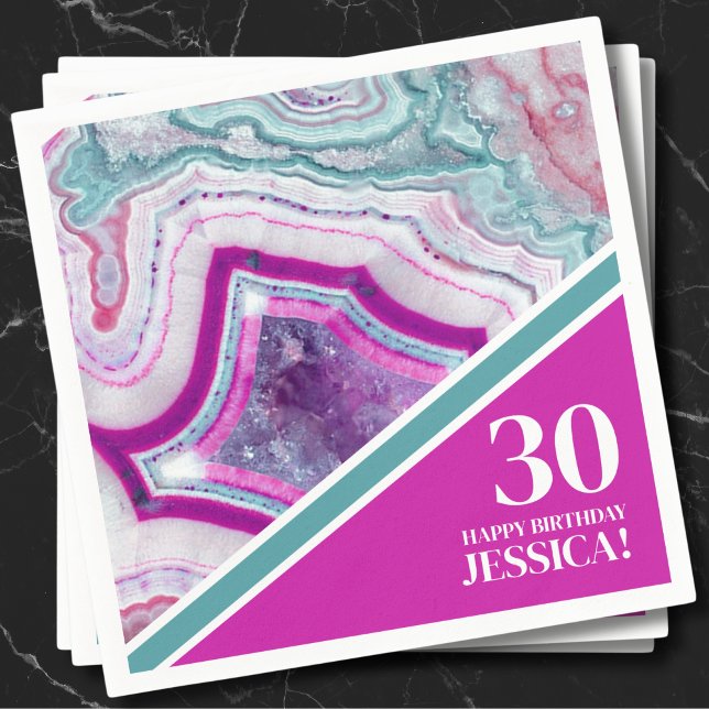 Guardanapo De Papel 3aniversário de 30 anos (Bright Turquoise Pink Agate 30th Birthday Party Napkins)