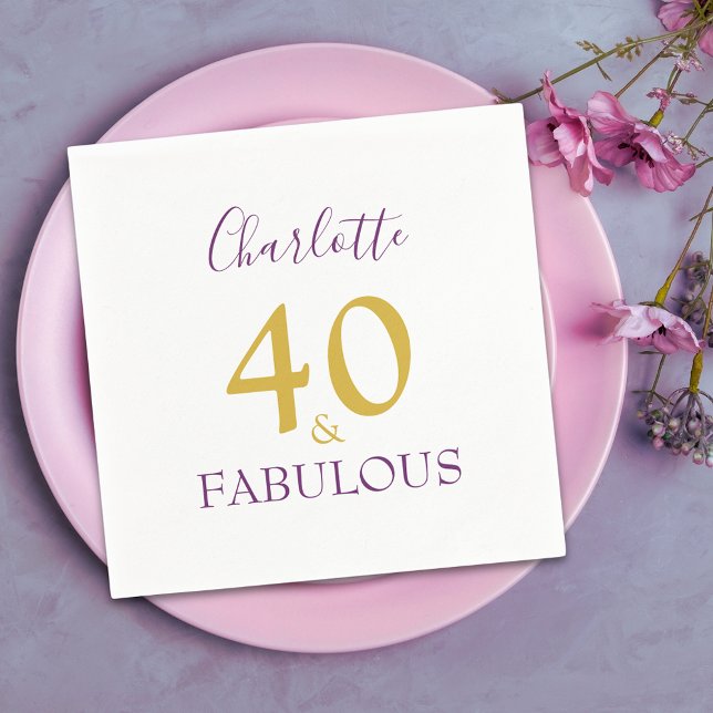 Guardanapo De Papel 40 e Fabuloso aniversário de 40 anos elegante (40 & fabulous stylish minimalist purple and gold typography personalized paper napkins )