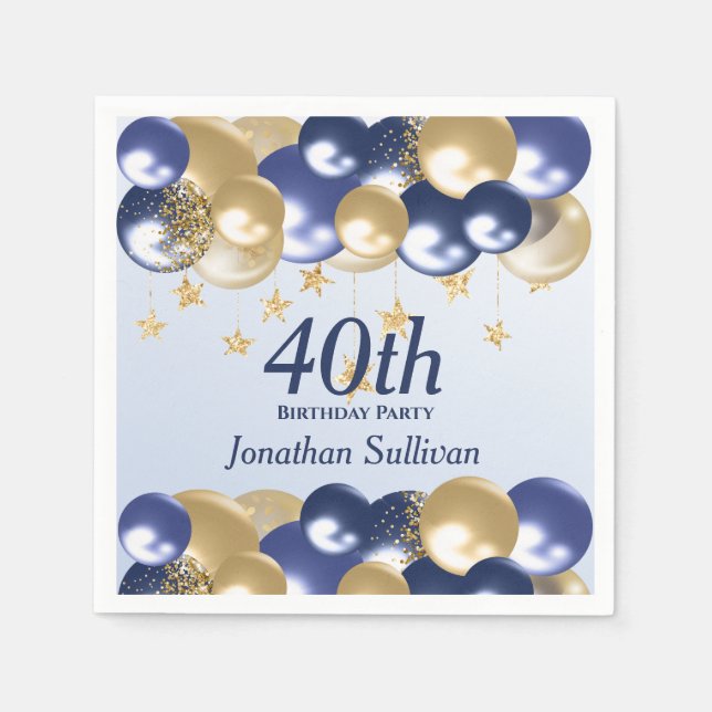 Guardanapo De Papel 40th Birthday Navy Gold Balloons Party (Frente)