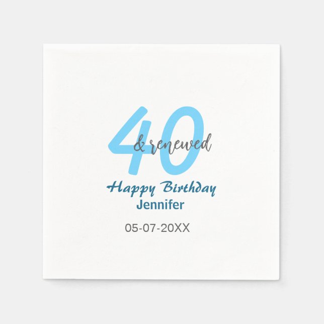 Guardanapo De Papel 40th & renewed birthday name date blue bold number (Frente)