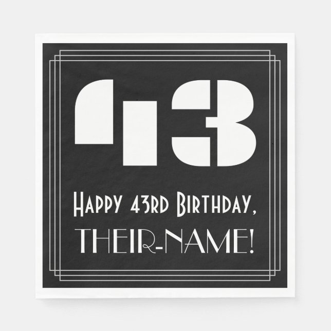 Guardanapo De Papel 43º Aniversário: Art Deco Inspirou "43" + Nome (Frente)