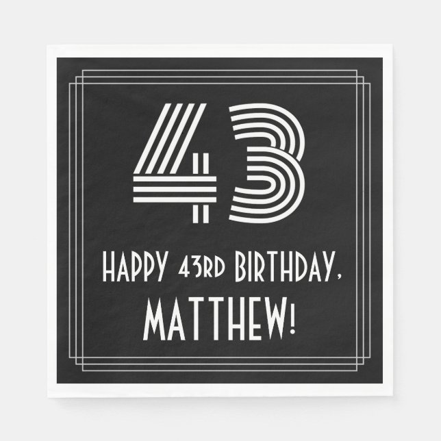 Guardanapo De Papel 43º Aniversário: Art Deco Inspirou "43" + Nome (Frente)