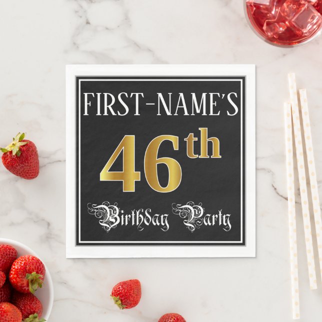 Guardanapo De Papel 46th Birthday Party — Fancy Script, Faux Gold Look (Insitu)