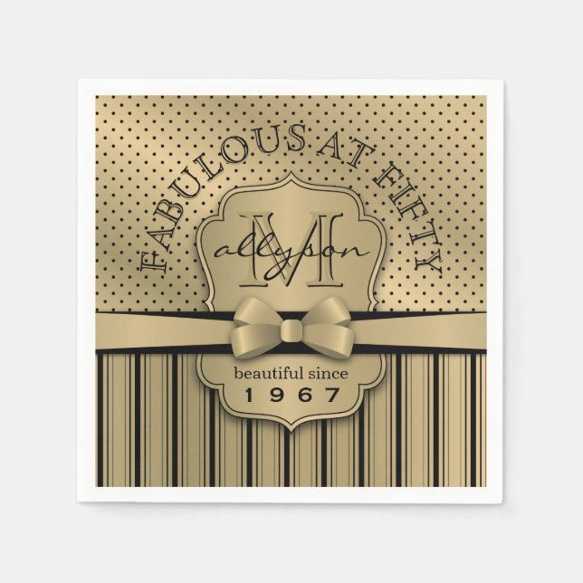 Guardanapo De Papel 50º Aniversário Champanhe Dourado Bolinhas Stripes (Frente)