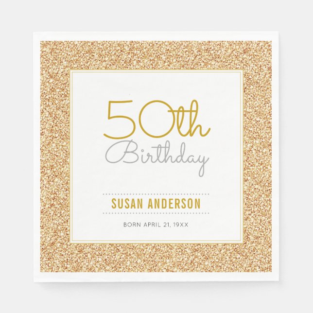 Guardanapo De Papel 50º Aniversário Faux Dourada Glitter (Frente)