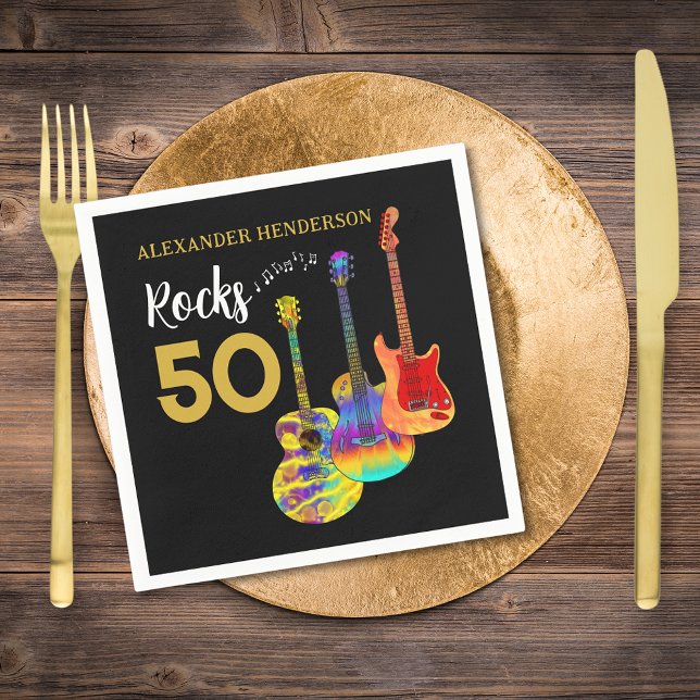 Guardanapo De Papel 50º Aniversário Guitar Rocks 50 Name (Rock and roll 50th birthday party napkins personalized rocks 50 for him funky guitar gold typography)