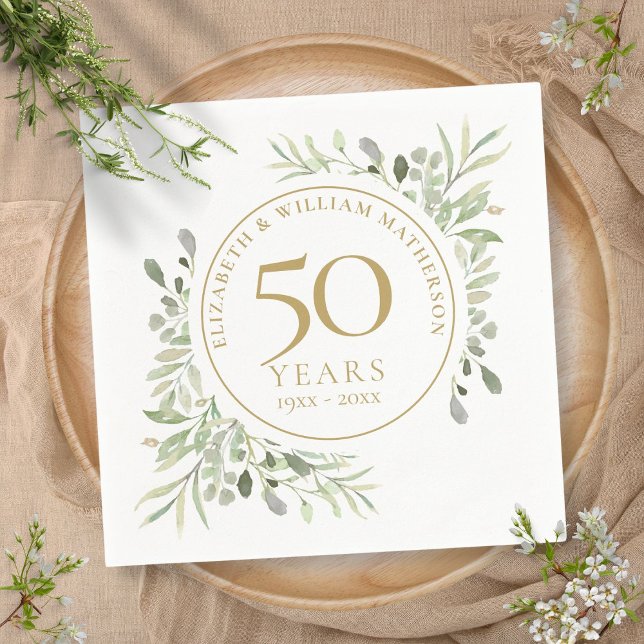 Guardanapo De Papel 50.º Aniversário, Verde Dourado Deixa Aquarela (50th Anniversary Gold Greenery Leaves Watercolor Napkins)