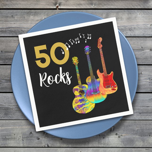 Guardanapo De Papel 50 anos Guitar Rocks 50 (50 Rocks birthday party napkin for him funky psychedelic guitars gold and black 50th birthday )