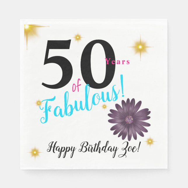 Guardanapo De Papel 50 e Fab elegante margarida roxa e estrelas dourad (Frente)