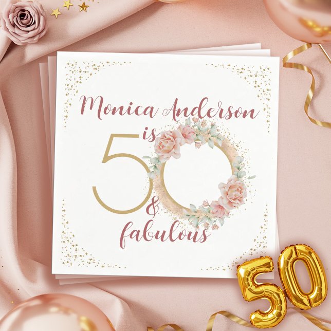 Guardanapo De Papel 50 e Fabuloso 50º nome da Festa de aniversário bri (50 and Fabulous Pink Floral Gold Photo Birthday Napkins)