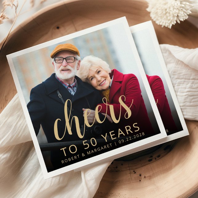 Guardanapo De Papel 50th Anniversary Party Photo Cheers Gold Script (Criador carregado)