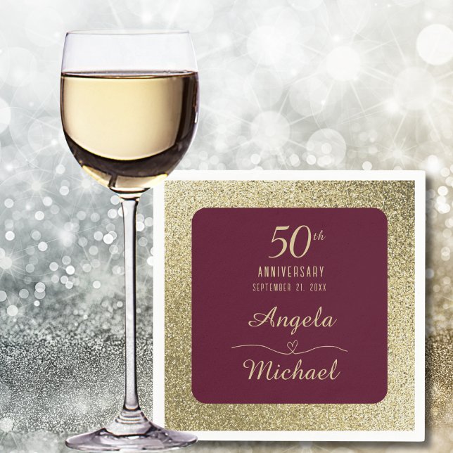 Guardanapo De Papel 50th Wedding Anniversary Burgundy Gold Glitter  (Criador carregado)