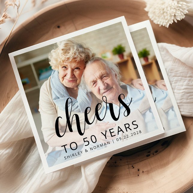 Guardanapo De Papel 50th Wedding Anniversary Photo Black Script Cheers (Criador carregado)