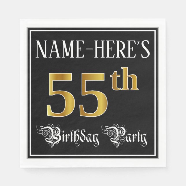 Guardanapo De Papel 55th Birthday Party — Fancy Script, Faux Gold Look (Frente)