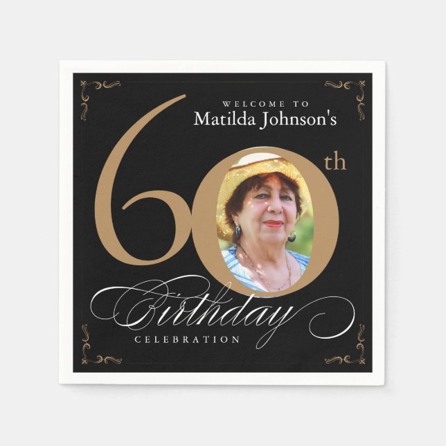 Guardanapo De Papel 60º aniversário da fotografia Dourada de caligrafi (Frente)