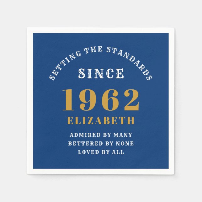 Guardanapo De Papel 60º aniversário de 1962 Elegante Dourado Azul (Frente)