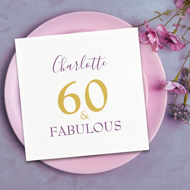 Guardanapo De Papel 60 e Fabuloso Elegante 60º Aniversário Roxo Dourad (60 & fabulous stylish purple and gold custom 60th birthday party paper napkins)