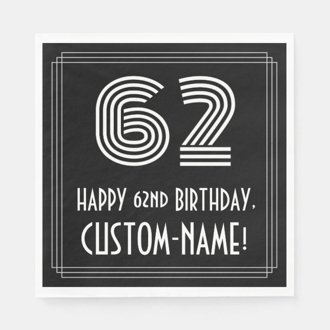 Guardanapo De Papel 62.º Aniversário: Art Deco Inspirou "62" + Nome (Frente)