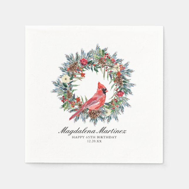 Guardanapo De Papel 65th Birthday Red Cardinal Wreath Custom Cocktail (Frente)