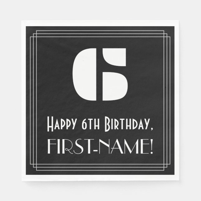 Guardanapo De Papel 6 Aniversário: Art Deco Inspira "6" + Nome (Frente)