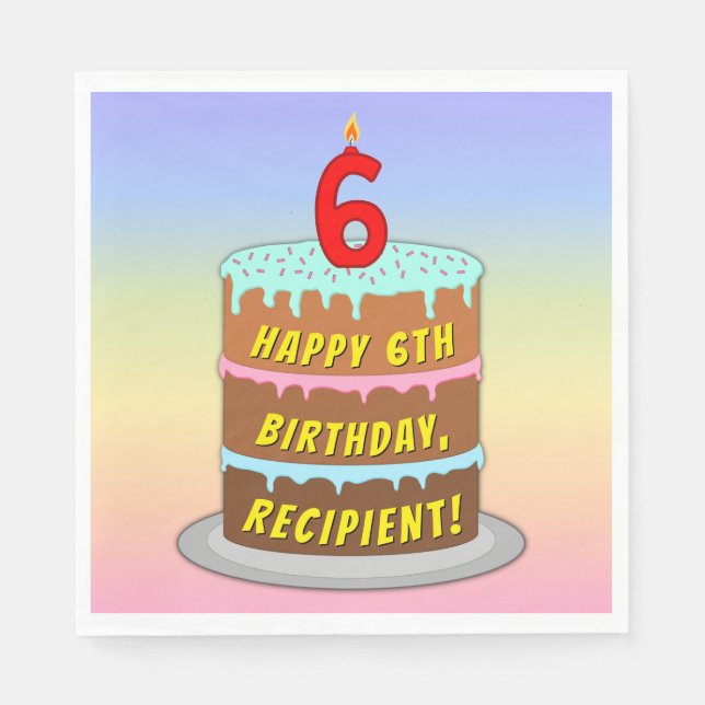 Guardanapo De Papel 6 Aniversário: Bolo e Vela Divertidos + Nome Perso (Frente)