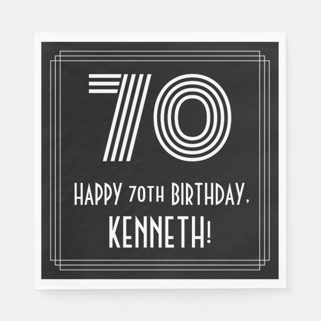 Guardanapo De Papel 70 Aniversário: Art Deco Inspirou "70" + Nome (Frente)