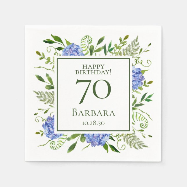 Guardanapo De Papel 70 Birthday Blue Hydrangeas (Frente)