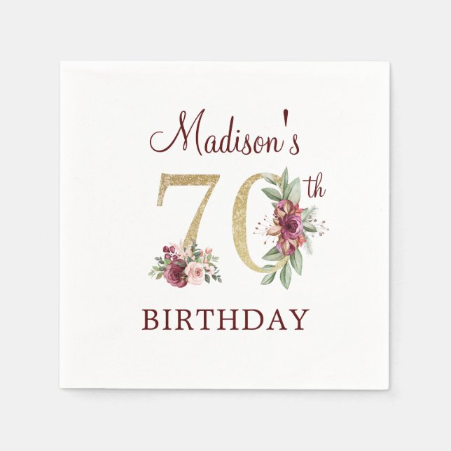 Guardanapo De Papel 70 Birthday Burgundy Dourado Personalizado Napkins (Frente)