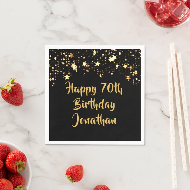 Guardanapo De Papel 70 Birthday Modern Black Dourado Stars Name (Insitu)