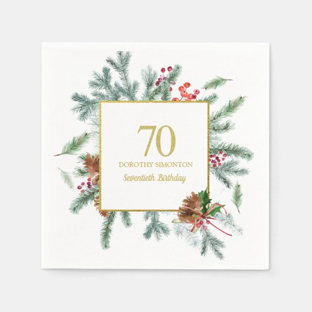Guardanapo De Papel 70 Birthday Rustic Winter Greenery Red Arco (Frente)