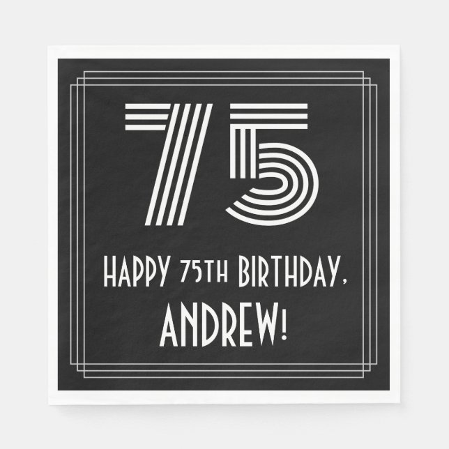 Guardanapo De Papel 75.º Aniversário: Art Deco Inspirou "75" + Nome (Frente)