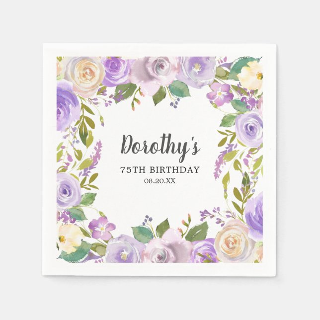 Guardanapo De Papel 75th Birthday Party Purple Floral Monogram  (Frente)