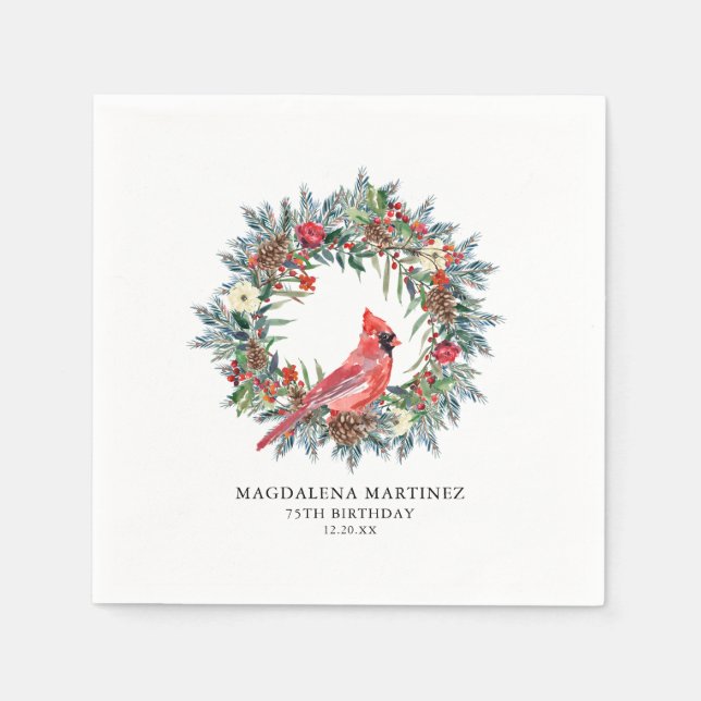 Guardanapo De Papel 75th Birthday Red Cardinal Wreath Custom Cocktail (Frente)