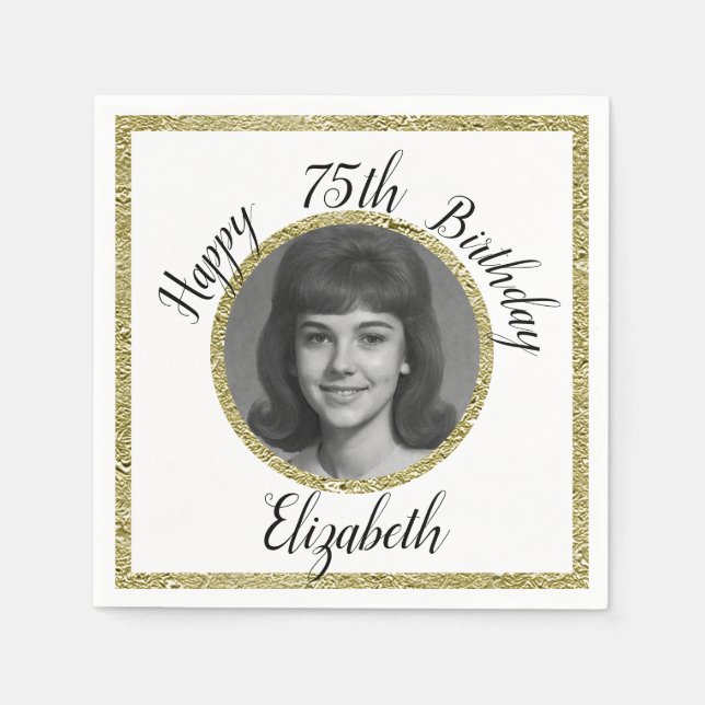 Guardanapo De Papel 75th Custom Photo White and Gold Birthday (Frente)